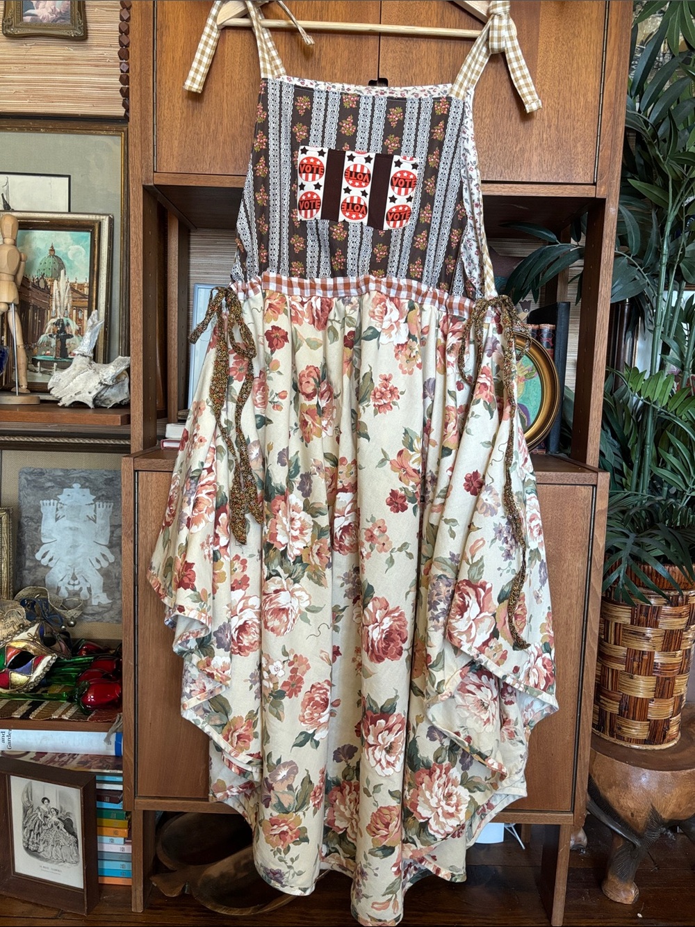 OOAK M/L handmade new VOTE vintage fabric patchwork cotton apron pinafore Dress